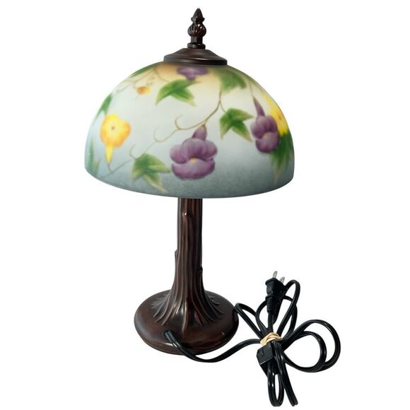 Reverse Painted Frosted Glass Lamp Morning Glory Floral Vintage Beautiful - Picture 2 of 5